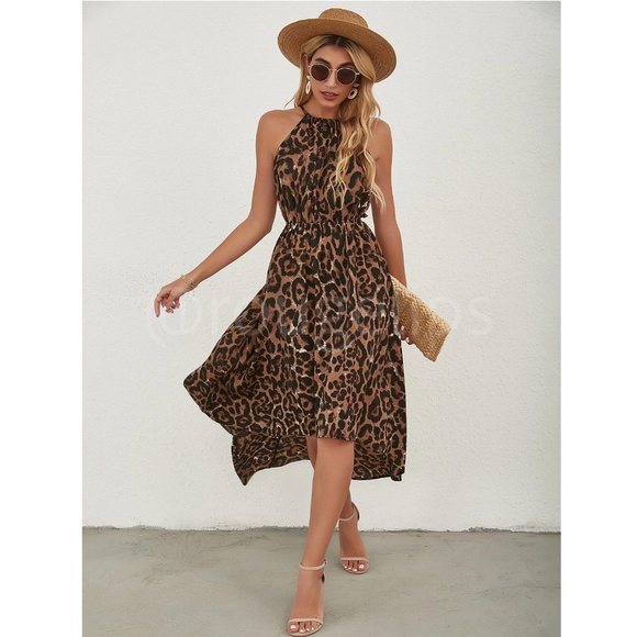 Animal Print Brown Leopard Cheetah Backless Halter Neck High Low Dress Midi - Picture 5 of 8